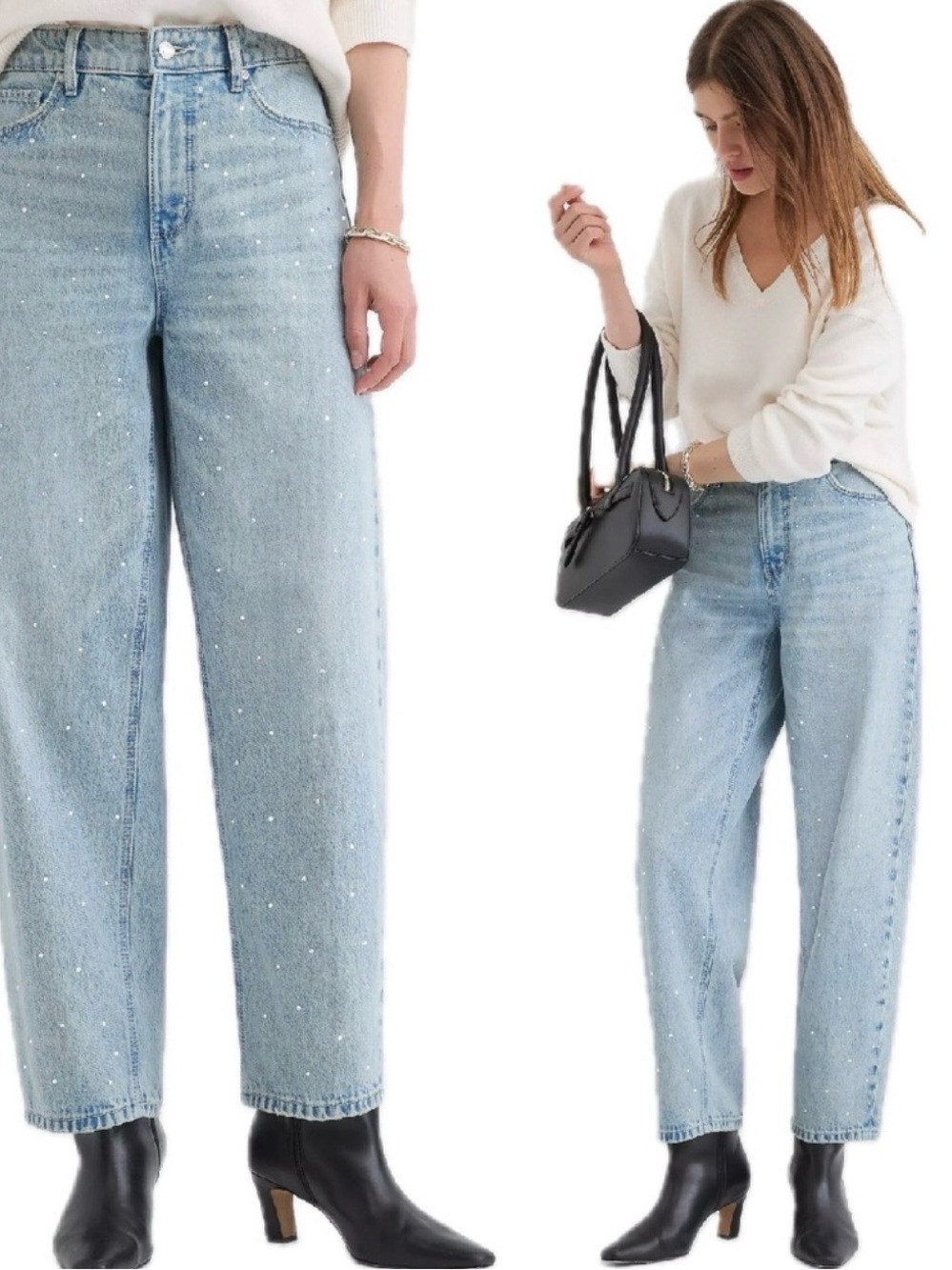Light Wash Pearl-Embellished Women’s Jeans - Casual Barrel Leg